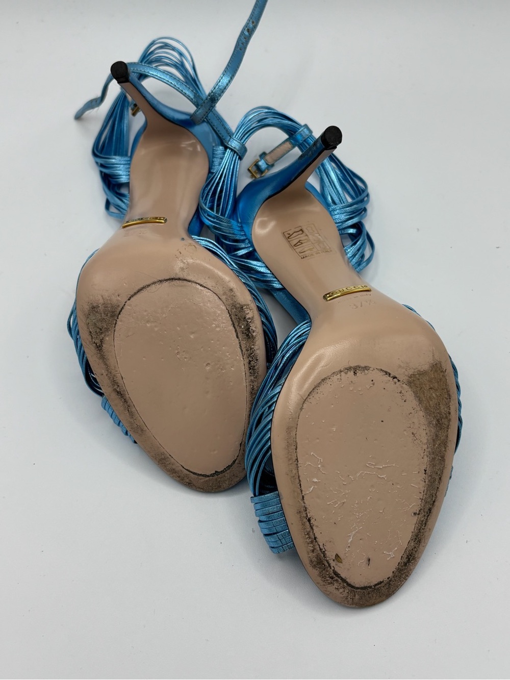 Gucci Allie Metallic Knotted Aqua Blue Ankle Strap Heels - Picture 4 of 7